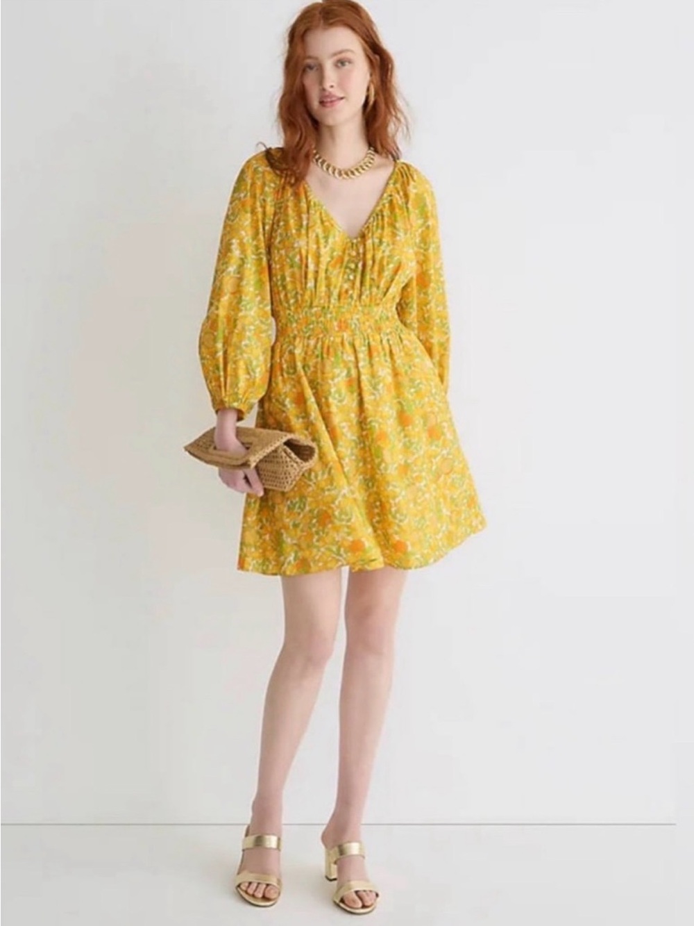 J.Crew Limone Print Cotton Lawn Mini Dress Smocked XL BR418 Citrus Yellow - Picture 4 of 15